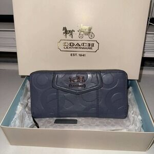 Coach Embossed Logo Zip Wallet Blue/Grey Leather New Condition with Box
